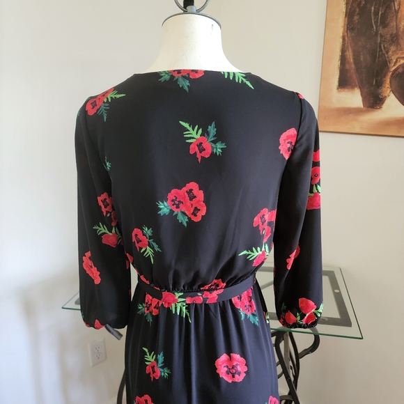 NWT Express Black and Red Poppy Floral Print Maxi Dress With HIgh Side XXS - Picture 7 of 9